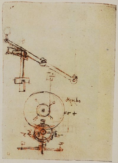 Entwürfe zur Herstellung von Rädern und Zahnrädern, Illustration aus dem Codex Forster II von Leonardo da Vinci